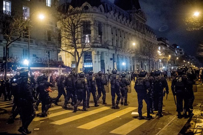 March 24, 2023, Paris, Paris, France: Inter-union demonstration against the pension reform project in Paris, clashes broke out with the police..#no russia