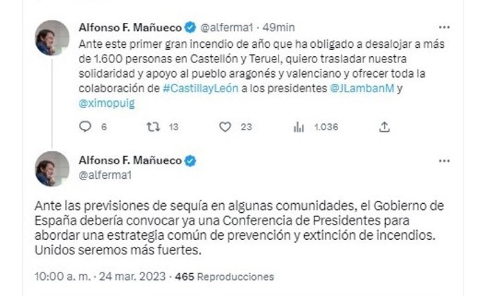 Captura de los mensajes publicados por Fernández Mañueco en los que urge una Conferencia de Presidentes