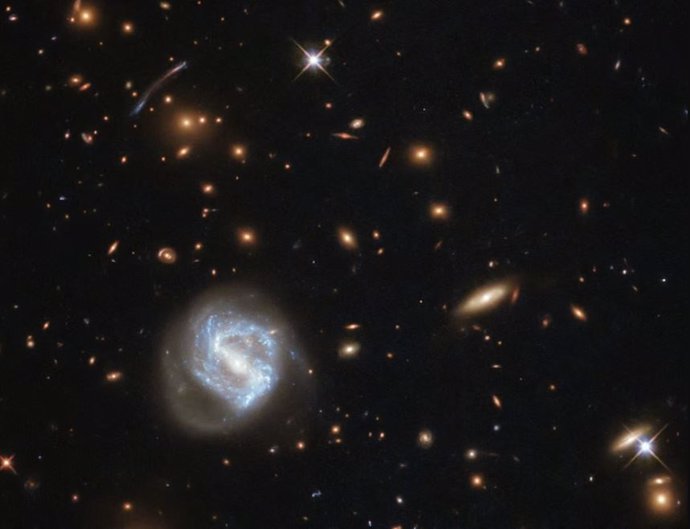 Esta imagen tomada por el telescopio espacial Hubble de la NASA muestra una galaxia espiral (abajo a la izquierda) frente a un gran cúmulo de galaxias.