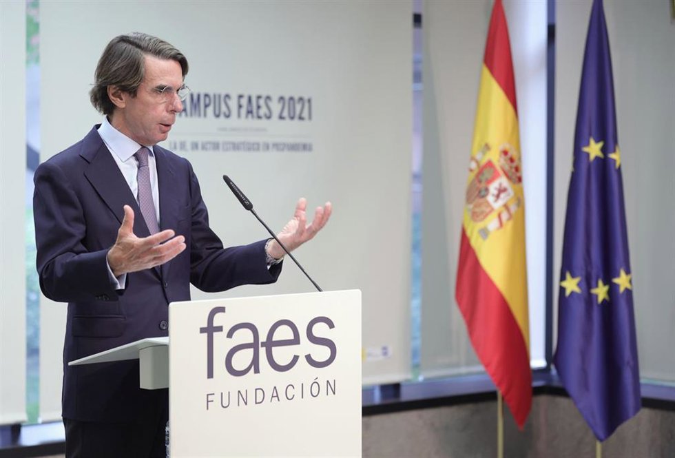 Archivo - El expresidente del Gobierno y presidente del IADG, José María Aznar, interviene en la clausura del Campus FAES 2021 en el auditorio de la Fundación Abertis, a 24 de septiembre de 2021, en Madrid, (España).