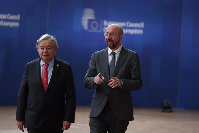 23 March 2023, Belgium, Brussels: President of the European Council Charles Michel (R) and UN Secretary-General Antonio Guterres arrive for an EU Summit, at the EU headquarters in Brussels. Photo: Nicolas Maeterlinck/Belga/dpa