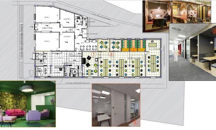 Estado actual y recreación del proyecto de espacio de coworking que hará el Ayuntamiento de Gerena en la planta alta del mercado de abastos.