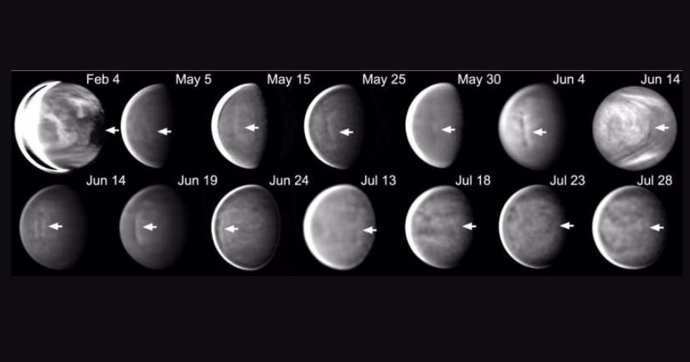 Ejemplos de eventos de discontinuidad en las nubes de la atmósfera de Venus durante 2022.