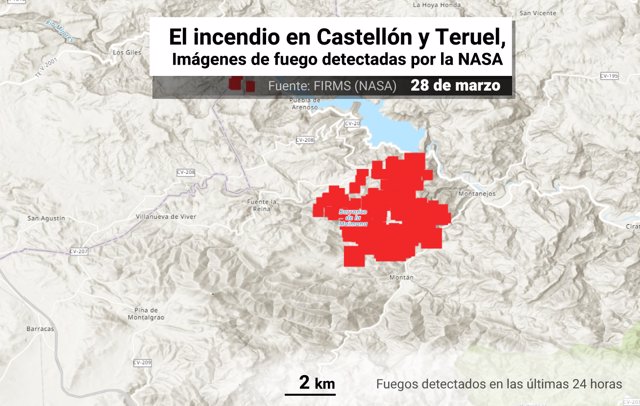 Focos de incendios detectados por la NASA en el incendio de Castellón y Teruel