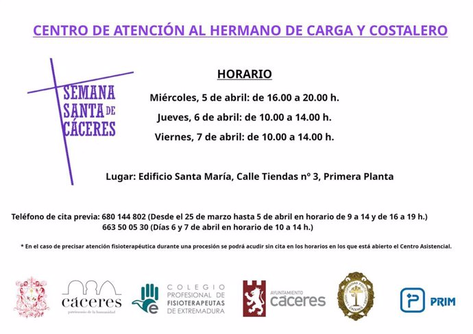 Cartel informativo con los horarios y servicios del Centro de Atención al Hermano de Carga y Costalero de Cáceres.