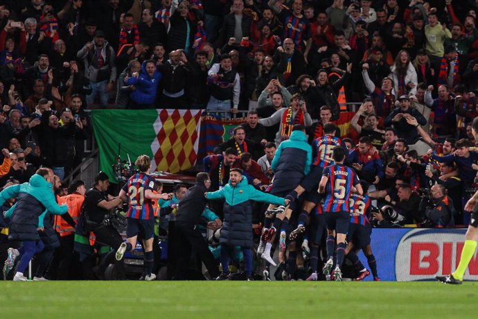 Players of FC Barcelona celebrate a goal during the spanish league, La Liga Santander, football match played between FC Barcelona and Real Madrid at Camp Nou stadium on March 19, 2023, in Barcelona, Spain.
