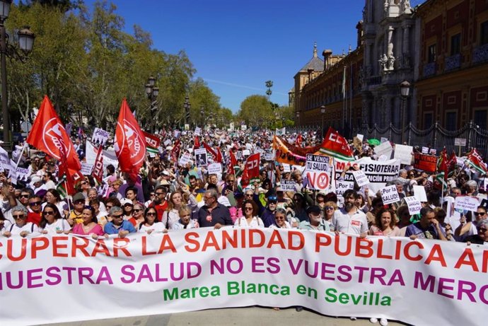 Manifestantes a su llegada al Palacio de San Telmo, punto en el que concluía la marcha en defensa de la sanidad pública.