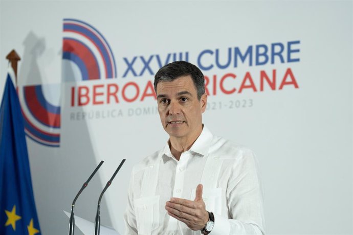 El presidente del Gobierno, Pedro Sánchez, en rueda de prensa al término de la Cumbre Iberoamericana en Santo Domingo