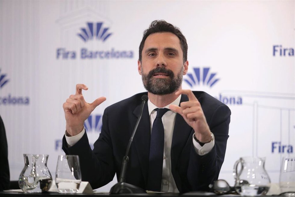 Archivo - El conseller de Empresa y Trabajo de la Generalitat, Roger Torrent, interviene durante el balance de Fira de Barcelona en 2022, a 23 de febrero de 2023, en Barcelona.