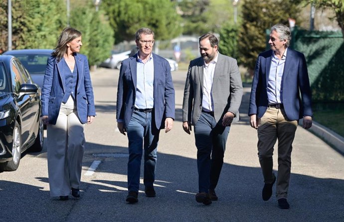 (I-D) La vicesecretaria de Política Social y Reto Demográfico del   PP, Carmen Fúnez; el presidente del PP, Alberto Nuñez Feijóo; y el presidente del PP en Castilla-La Mancha, Paco Núñez; a 26 de marzo de 2023,  en Guadalajara, Castilla-La Mancha