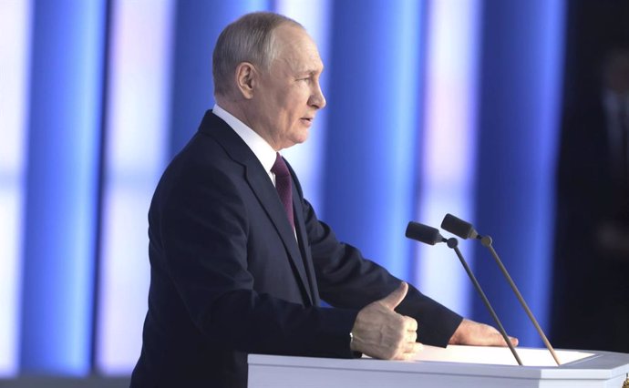 Archivo - February 21, 2023, Moscow, Moscow Oblast, Russia: Russian President Vladimir Putin delivers the annual address to the Federal Assembly, February 21, 2023 in Moscow, Russia. Putin says Russia will suspend role in New START nuclear accord with U