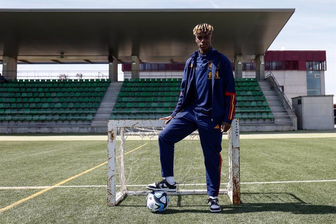 Nico Williams poses for photo after the interview for Europa Press during the concentration of Spain football team at Ciudad del Futbol on March 22, 2023, in Las Rozas, Madrid, Spain.