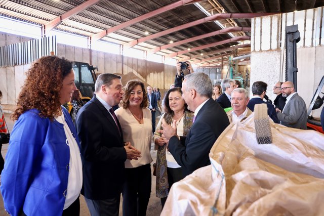 El ministro de Agricultura, Luis Planas, escucha las explicaciones del presidente de la Cooperativa Camp Mallorquí, Miquel Gual, durante una visita a las instalaciones, junto a la presidenta del Govern, Francina Armengol, entre otras autoridades.
