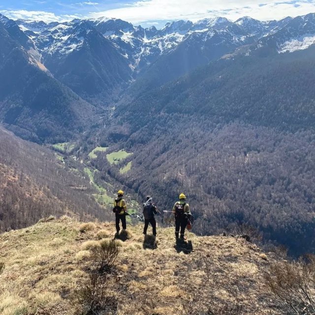 Els Pompièrs d'Aran controlen l'incendi forestal a Canejan (Lleida).