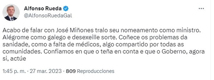 El presidente de la Xunta, Alfonso Rueda, felicita a Miñones tras su nombramiento como ministro y pide que "actúe" sobre los problemas de la sanidad