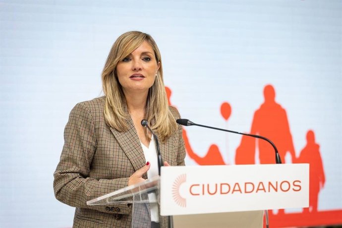 La portavoz nacional de Ciudadanos, Patricia Guasp, en rueda de prensa desde la sede nacional.