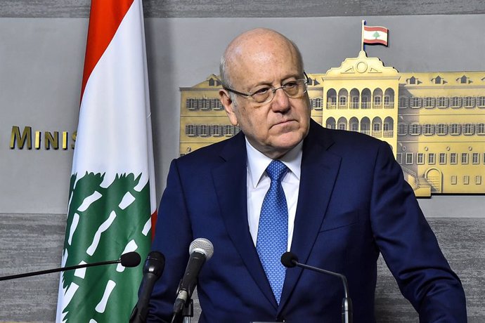 27 March 2023, Lebanon, Beirut: Lebanese acting Prime Minister Najib Mikati speaks during a press conference following a meeting of cabinet. Photo: -/Dalati & Nohra/dpa - ATTENTION: editorial use only and only if the credit mentioned above is referenced