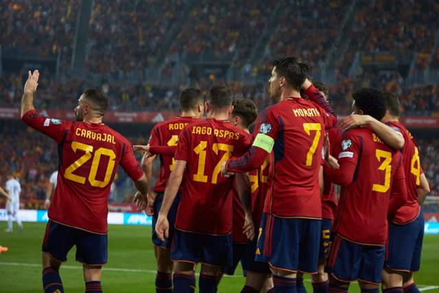 Dani Olmo of Spain celebrates a goal during the UEFA EURO 2024 qualifying round group A match between Spain and Norway at La Rosaleda Stadium on March 25, 2023 in Malaga, Spain.