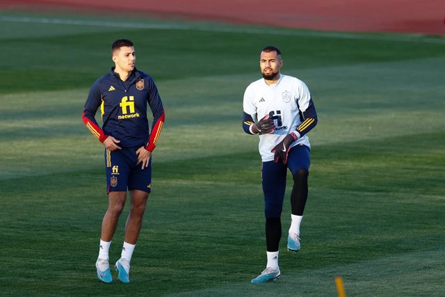 Rodrigo "Rodri" Hernandez and Robert Sanchez during the training session of Spain football team at Ciudad del Futbol on March 20, 2023, in Las Rozas, Madrid, Spain.