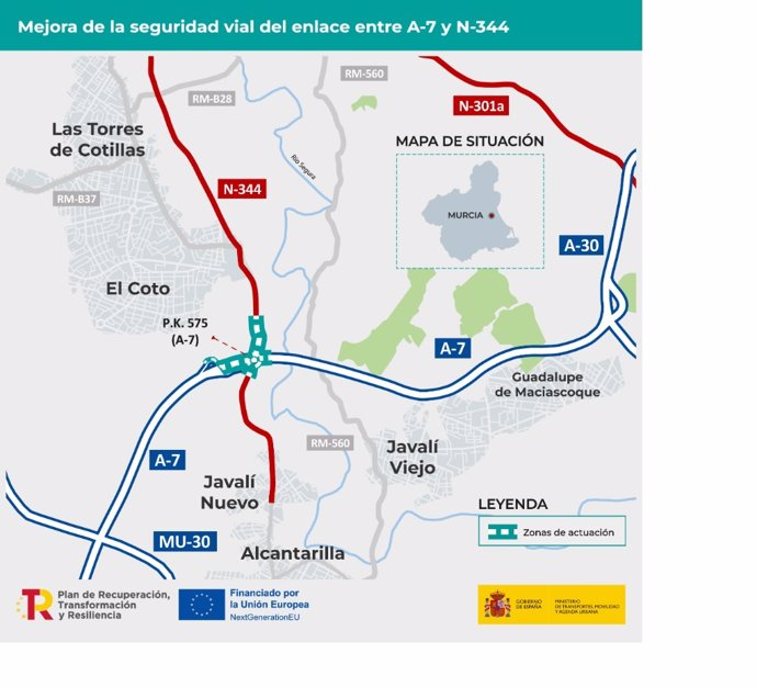 Mitma licita por 6 millones de euros las obras de mejora de la seguridad vial del enlace entre la A-7 y la N-344,  en Murcia