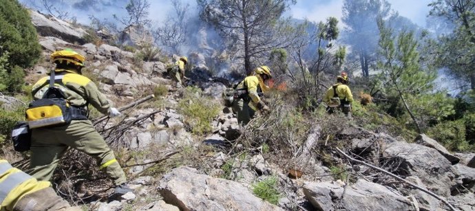 Efectivos trabajan en la extinción del incendio declarado el pasado jueves, 23 de marzo, en Villanueva de Viver (Castellón)