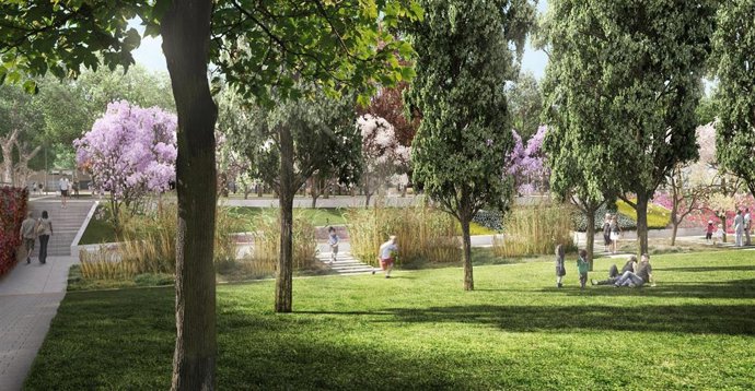 Recreación del futor parque de las Tretze Roses del barrio de la Marina del Prat Vermell de Barcelona.