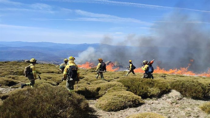 Efectivos de la BRIF en el incendio declarado en Candelario (Salamanca).