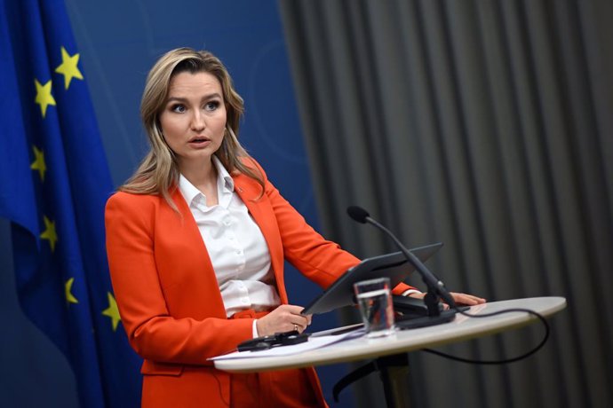 Archivo - 02 February 2023, Sweden, Stockholm: Ebba Busch, Deputy Prime Minister and Minister for Economic Affairs and Energy of Sweden, speaks at a joint press conference with Robert Habeck, German Vice Chancellor and Minister for Economic Affairs and 