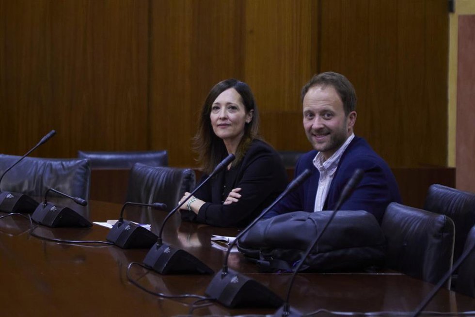 Los diputados del Grupo Parlamentario Popular, Maribel Lozano, (i) y Erik Domínguez, (d) durante la sesión constitutiva de la comisión de investigación del Parlamento andaluz relativa a la extinta Fundación Andaluza Fondo de Formación y Empleo, a 28 de 