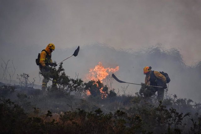 Bomberos de Asturias trabajan para extinguir las llamas en un incendio forestal, a 28 de marzo de 2023, en Toraño, Parres, Asturias (España). El Gobierno regional activó el pasado jueves por la noche  el Plan de Incendios Forestales del Principado de Astu