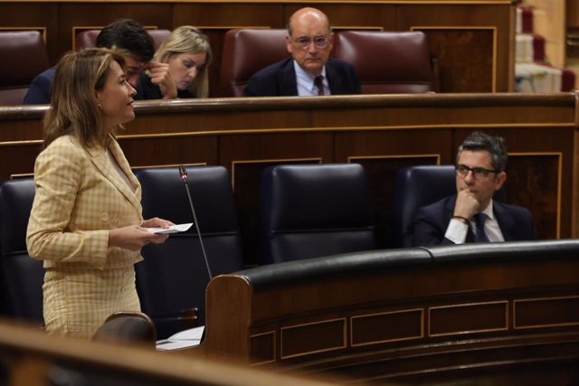 La ministra de Transporte, Movilidad y Agenda Urbana, Raquel Sánchez, interviene durante una sesión plenaria, en el Congreso de los Diputados, a 29 de marzo de 2023, en Madrid (España).  