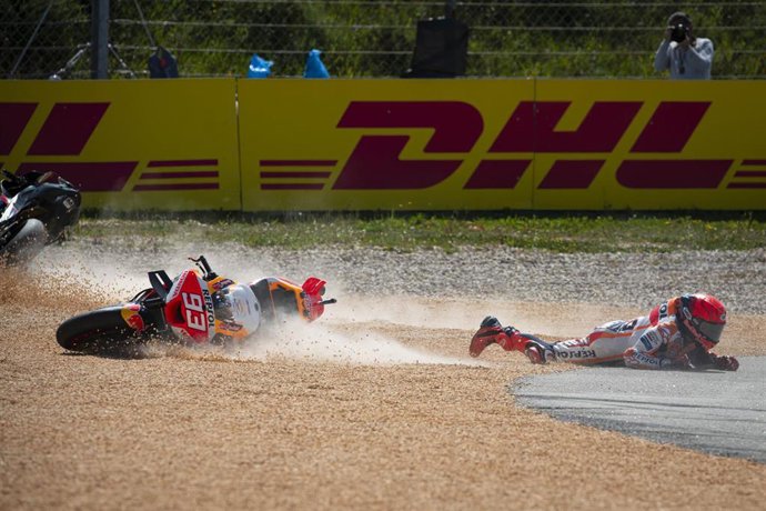 Repsol Honda Team, Honda RC213V, accident, crash Ducati Desmosedici GP23, action during the 2023 MotoGP Grande Premio de Portugal, on the autodrome di Algarve International Circuit from March 24 to 26, in Portugal