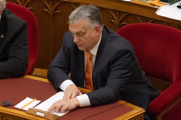BUDAPEST, March 27, 2023  -- Hungarian Prime Minister Viktor Orban votes on Finland's accession to NATO in Budapest, Hungary, on March 27, 2023. The Hungarian parliament on Monday approved legislation allowing Finland to join the North Atlantic Treaty O