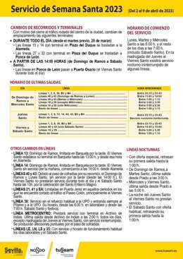 Información distribuida por el Ayuntamiento de Sevilla con la información sobre Tussam para la Semana Santa.