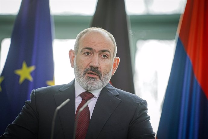 02 March 2023, Berlin: Nikol Pashinyan, Prime Minister of Armenia, speaks during a joint press conference with German Chancellor Olaf Scholz, at the Chancellor's Office in Berlin. Photo: Kay Nietfeld/dpa