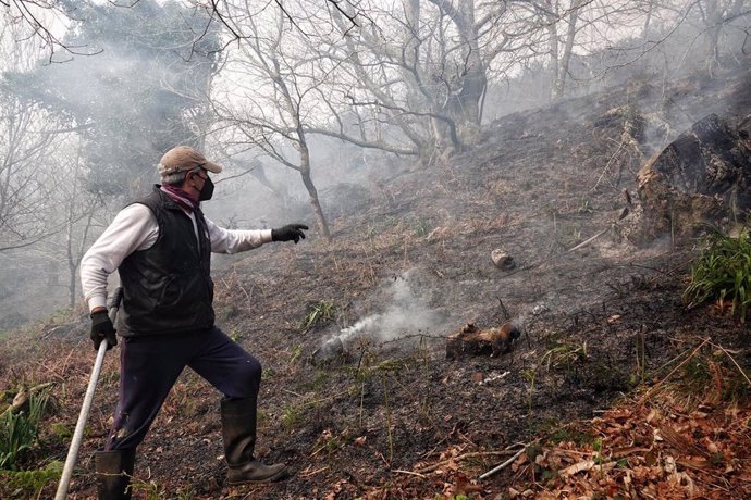 Un vecino colabora en las labores de extinción en un incendio forestal, a 29 de marzo de 2023, en Toraño, Parres, Asturias (España).