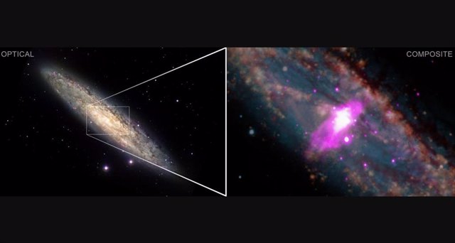Esta versión presenta una imagen óptica de la galaxia espiral NGC 253 y un primer plano compuesto separado del centro brillante de la galaxia. En ambas imágenes, la galaxia se contrasta con la negrura del espacio, que está salpicado de motas de luz.