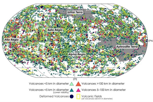 Un nuevo artículo en JGR Planets proporciona el mapa más completo de todos los edificios volcánicos en Venus jamás compilado.