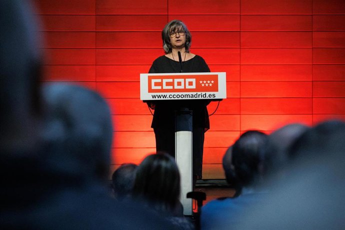 La secretaria general de CCOO Madrid, Paloma López, interviene durante un homenaje al que fue secretario general del PCE entre 1960 y 1982, Santiago Carrillo, en el Auditorio Marcelino Camacho, a 25 de marzo de 2023, en Madrid (España). El Auditorio Mar