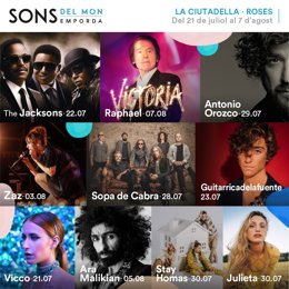Cartel con los artistas confirmados dentro del festival Sons del Món de Roses (Girona)