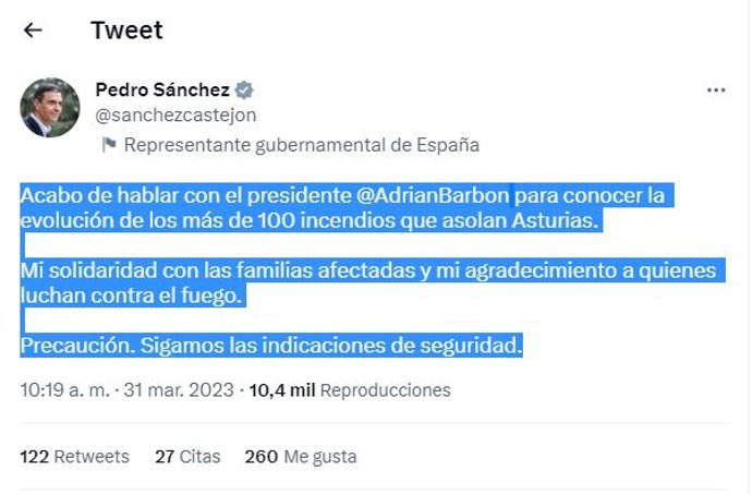 Mensaje de Pedro Sánchez en Twitter.
