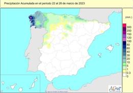 Lluvias acumuladas desde el inicio del año hidrológico (el 1 de octubre de 2022) hasta el 28 de marzo