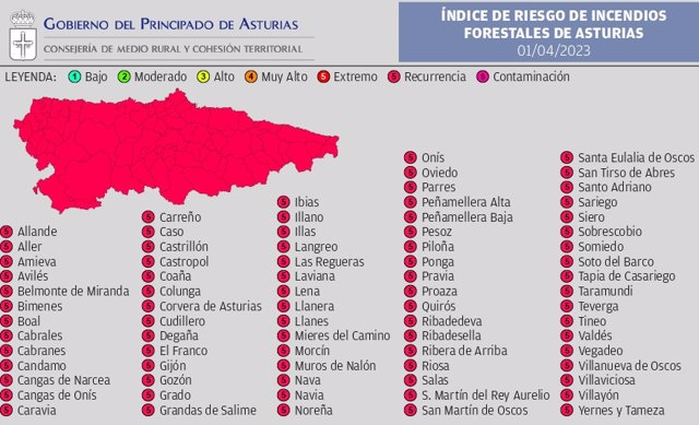 Mapa del riesgo municipal de incendios en Asturias para el 1 de abril de 2023