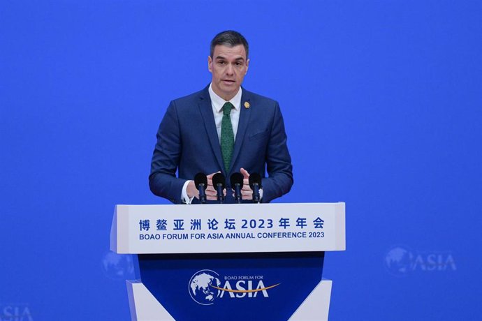 BOAO, March 30, 2023  -- Spanish Prime Minister Pedro Sanchez delivers a speech at the opening ceremony of the Boao Forum for Asia Annual Conference 2023 in Boao, south China's Hainan Province, March 30, 2023.,Image: 766126714, License: Rights-managed, 