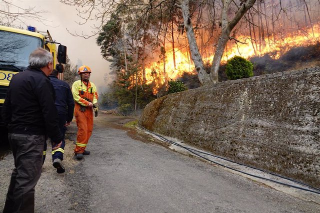 Bomberos de Asturias treabajan en el incendio de los concejos de Valdes y Tineo, a 30 de marzo de 2023, en Asturias (España). La consejera de Presidencia del Gobierno asturiano, Rita Camblor, se ha referido este jueves a los numerosos incendios forestales