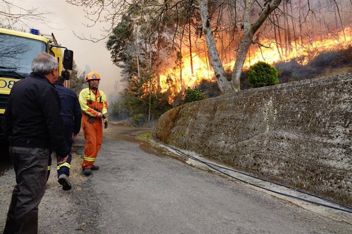 Bomberos de Asturias treabajan en el incendio de los concejos de Valdes y Tineo, a 30 de marzo de 2023, en Asturias (España). La consejera de Presidencia del Gobierno asturiano, Rita Camblor, se ha referido este jueves a los numerosos incendios forestal