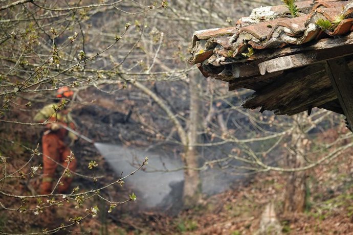 Bomberos de Asturias trabajan en las labores de extinción en un incendio forestal