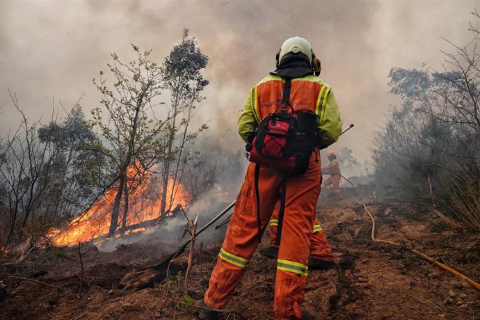 Bomberos de Asturias treabajan en el incendio de los concejos de Valdes y Tineo, a 30 de marzo de 2023, en Asturias (España). La consejera de Presidencia del Gobierno asturiano, Rita Camblor, se ha referido este jueves a los numerosos incendios forestal