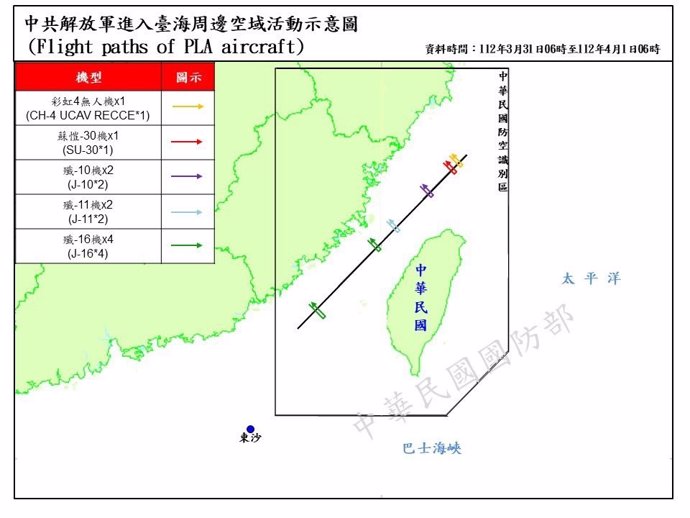 Aproximación militar china a Taiwán, el 1 de abril de 2023