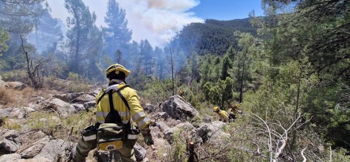 Brigadistas de la Región de Murcia colaboran en las tareas de extinción del fuego en Villanueva de Viver (Castellón) en marzo de 2023.